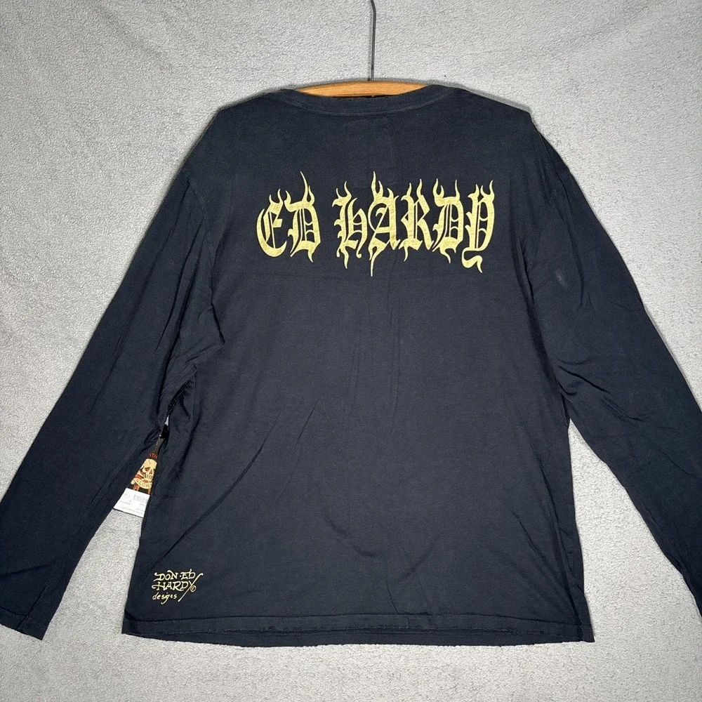 Ed Hardy Love Kills Slowly Long Sleeve Shirt Black Rhinestone Skull XL‎ NWT